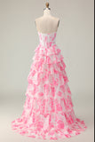 White Pink Floral Tiered Strapless Corset A Line Prom Dress