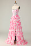 White Pink Floral Tiered Strapless Corset A Line Prom Dress