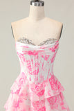 White Pink Floral Tiered Strapless Corset A Line Prom Dress