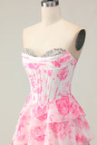 White Pink Floral Tiered Strapless Corset A Line Prom Dress
