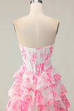 White Pink Floral Tiered Strapless Corset A Line Prom Dress