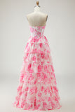 Tiered Strapless Corset White Pink Floral Prom Dress