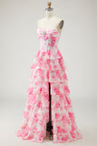 Tiered Strapless Corset White Pink Floral Prom Dress