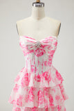 Tiered Strapless Corset White Pink Floral Prom Dress