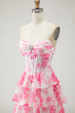 Tiered Strapless Corset White Pink Floral Prom Dress
