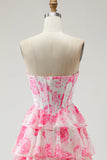Tiered Strapless Corset White Pink Floral Prom Dress