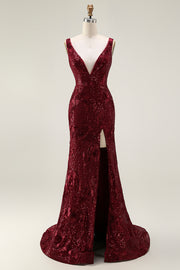 Burgundy Sequin V Neck Mermaid Prom Dress