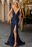 Navy Mermaid Sequin V Neck Long Prom Dress