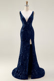 Navy Mermaid Sequin V Neck Long Prom Dress