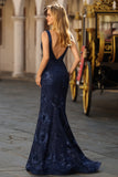 Navy Mermaid Sequin V Neck Long Prom Dress