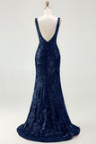 Navy Mermaid Sequin V Neck Long Prom Dress