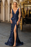 Navy Mermaid Sequin V Neck Long Prom Dress