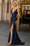 Navy Mermaid Sequin V Neck Long Prom Dress