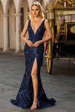 Navy Mermaid Sequin V Neck Long Prom Dress