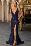 Navy Mermaid Sequin V Neck Long Prom Dress