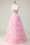 Strapless Tiered Pink Corset A Line Sequin Prom Dress