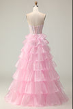 Strapless Tiered Pink Corset A Line Sequin Prom Dress