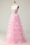 Strapless Tiered Pink Corset A Line Sequin Prom Dress