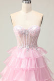 Strapless Tiered Pink Corset A Line Sequin Prom Dress