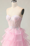 Strapless Tiered Pink Corset A Line Sequin Prom Dress