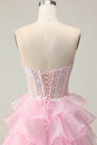 Strapless Tiered Pink Corset A Line Sequin Prom Dress