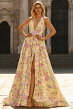 Yellow Pink Flower A Line Halter Long Prom Dress With Slit