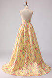 Yellow Pink Floral Halter A Line Long Prom Dress with Slit