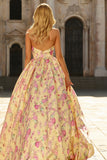 Yellow Pink Flower A Line Halter Long Prom Dress With Slit