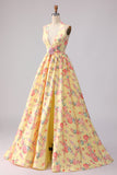 Yellow Pink Floral Halter A Line Long Prom Dress with Slit