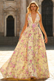 Yellow Pink Flower A Line Halter Long Prom Dress With Slit