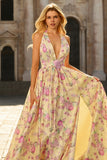 Yellow Pink Flower A Line Halter Long Prom Dress With Slit