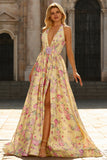 Yellow Pink Flower A Line Halter Long Prom Dress With Slit