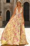 Yellow Pink Flower A Line Halter Long Prom Dress With Slit