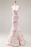 Mermaid White Pink Flower Strapless Long Prom Dress
