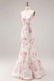 Mermaid White Pink Flower Strapless Long Prom Dress
