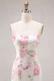 Mermaid White Pink Flower Strapless Long Prom Dress