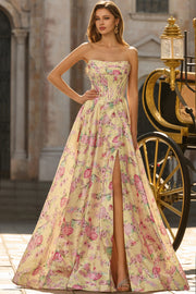 Strapless Yellow Pink Flower Corset A Line Long Prom Dress With Slit