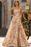 Strapless Yellow Pink Flower Corset A Line Long Prom Dress With Slit