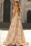 Strapless Yellow Pink Flower Corset A Line Long Prom Dress With Slit