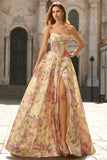 Strapless Yellow Pink Flower Corset A Line Long Prom Dress With Slit