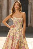 Strapless Yellow Pink Flower Corset A Line Long Prom Dress With Slit