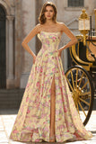 Strapless Yellow Pink Flower Corset A Line Long Prom Dress With Slit
