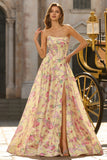 Strapless Yellow Pink Flower Corset A Line Long Prom Dress With Slit