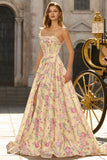 Strapless Yellow Pink Flower Corset A Line Long Prom Dress With Slit