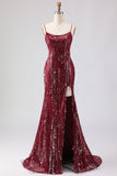 Sparkly Mermaid Burgundy Spaghetti Straps Long Prom Dress With Slit
