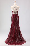 Sparkly Mermaid Burgundy Spaghetti Straps Long Prom Dress With Slit