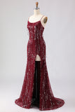 Sparkly Mermaid Burgundy Spaghetti Straps Long Prom Dress With Slit