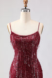 Sparkly Mermaid Burgundy Spaghetti Straps Long Prom Dress With Slit