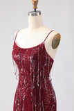 Sparkly Mermaid Burgundy Spaghetti Straps Long Prom Dress With Slit