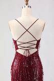Sparkly Mermaid Burgundy Spaghetti Straps Long Prom Dress With Slit